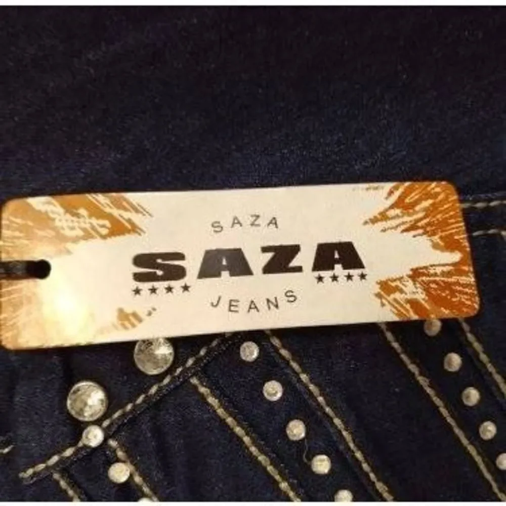 NWT Saza Denim Long Bermuda Jean Shorts Rhinestone Pockets Dark Blue Sz 20
